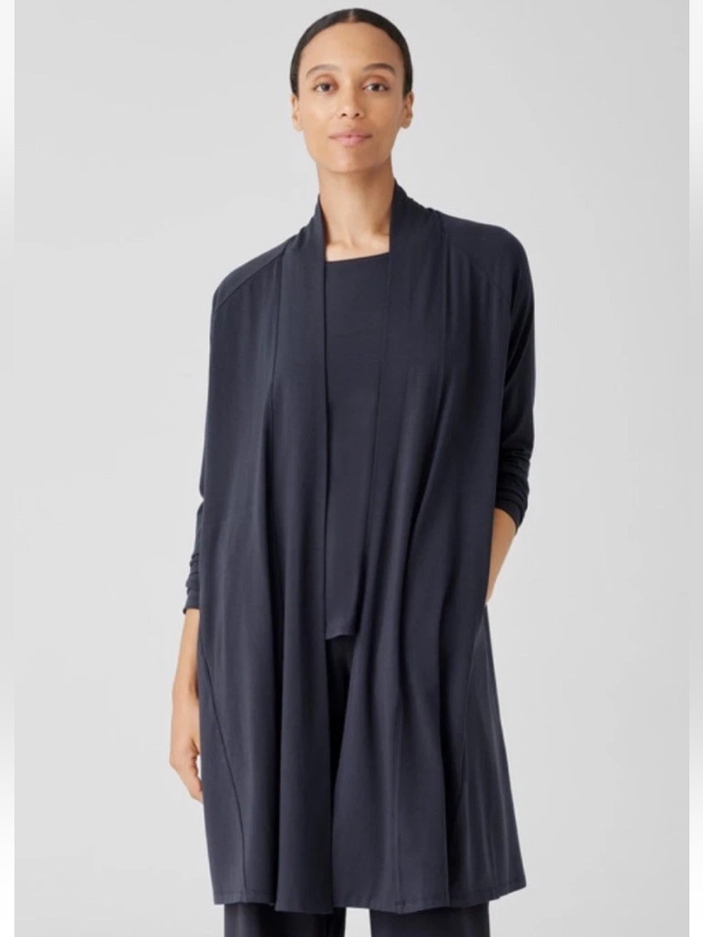 Eileen Fisher Stretch Jersey Knit Long Jacket XL Blue Longline Tencel Stretch
